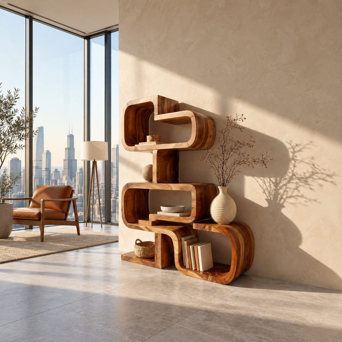 Zigzag Stacked Bookshelf with Rounded Bent Wood Frames, Sculptural Solid Wood Display Shelf