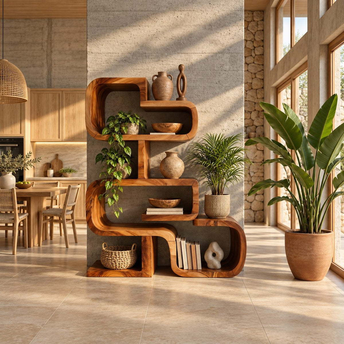 Zigzag Stacked Bookshelf with Rounded Bent Wood Frames, Sculptural Solid Wood Display Shelf