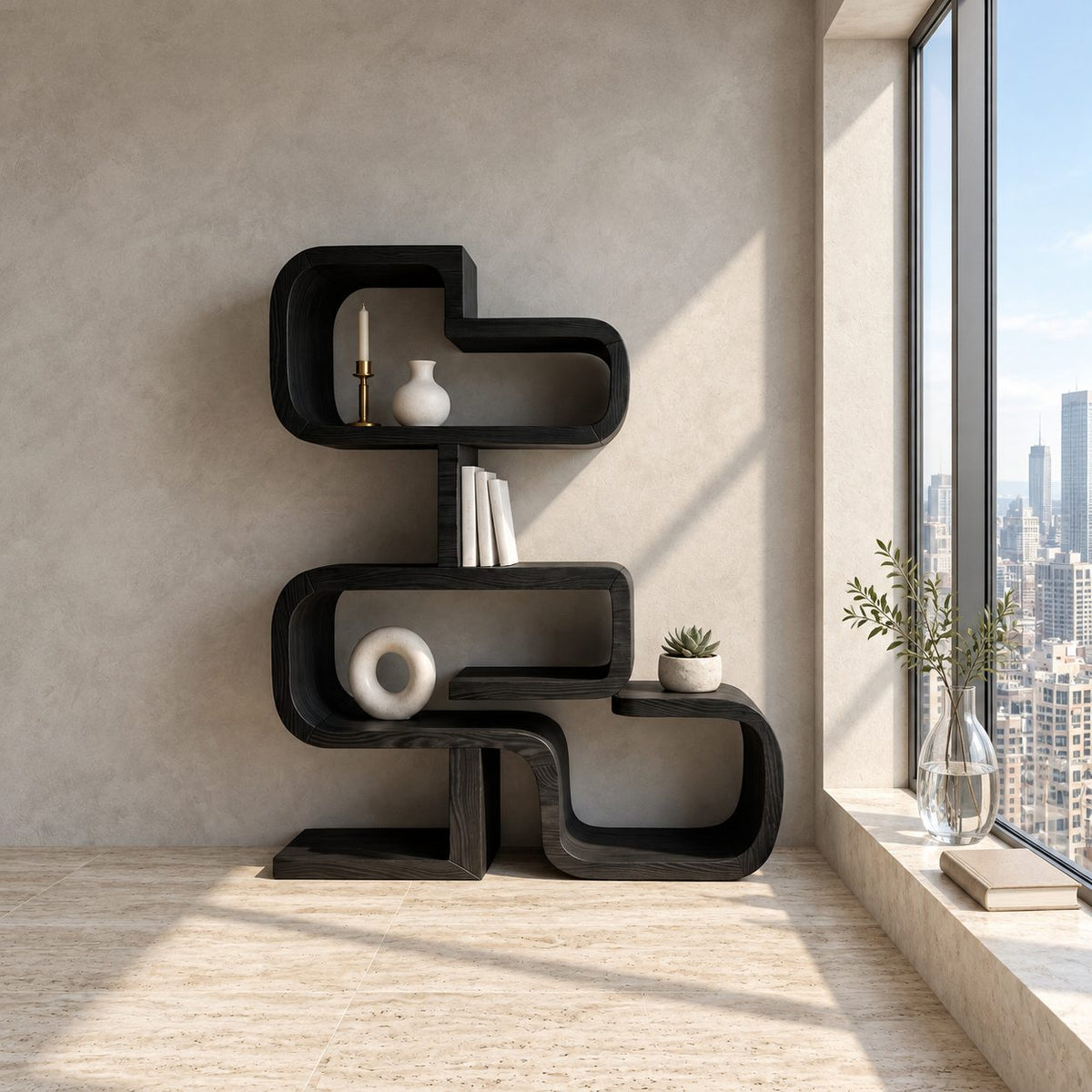 Zigzag Stacked Bookshelf with Rounded Bent Wood Frames, Sculptural Solid Wood Display Shelf