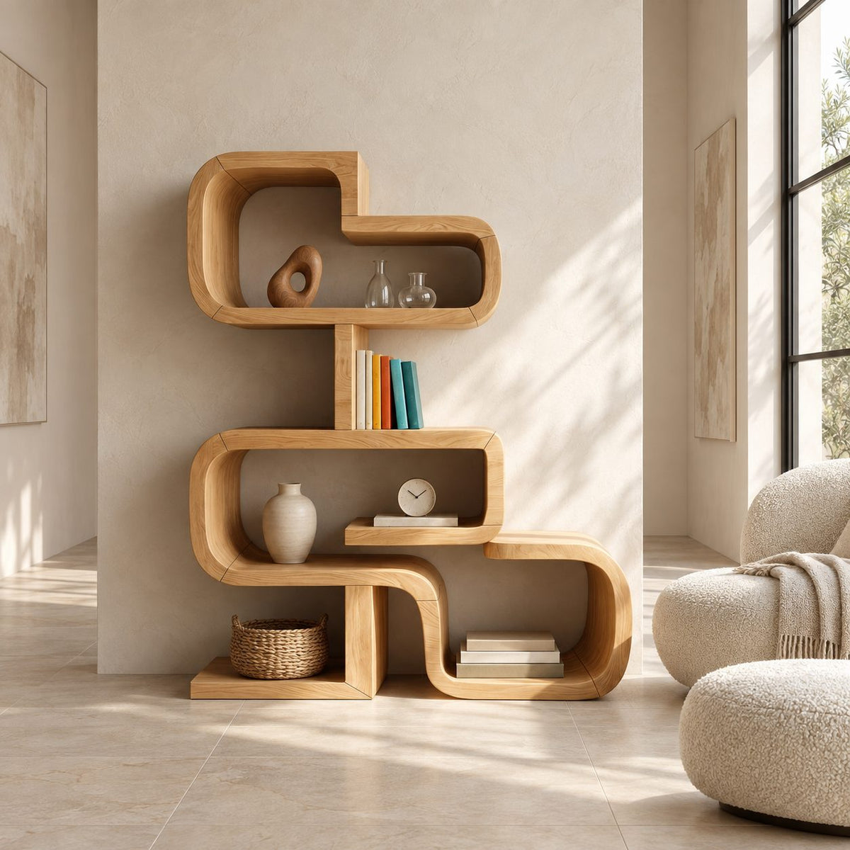 Zigzag Stacked Bookshelf with Rounded Bent Wood Frames, Sculptural Solid Wood Display Shelf