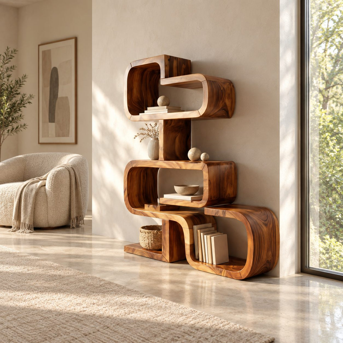Zigzag Stacked Bookshelf with Rounded Bent Wood Frames, Sculptural Solid Wood Display Shelf