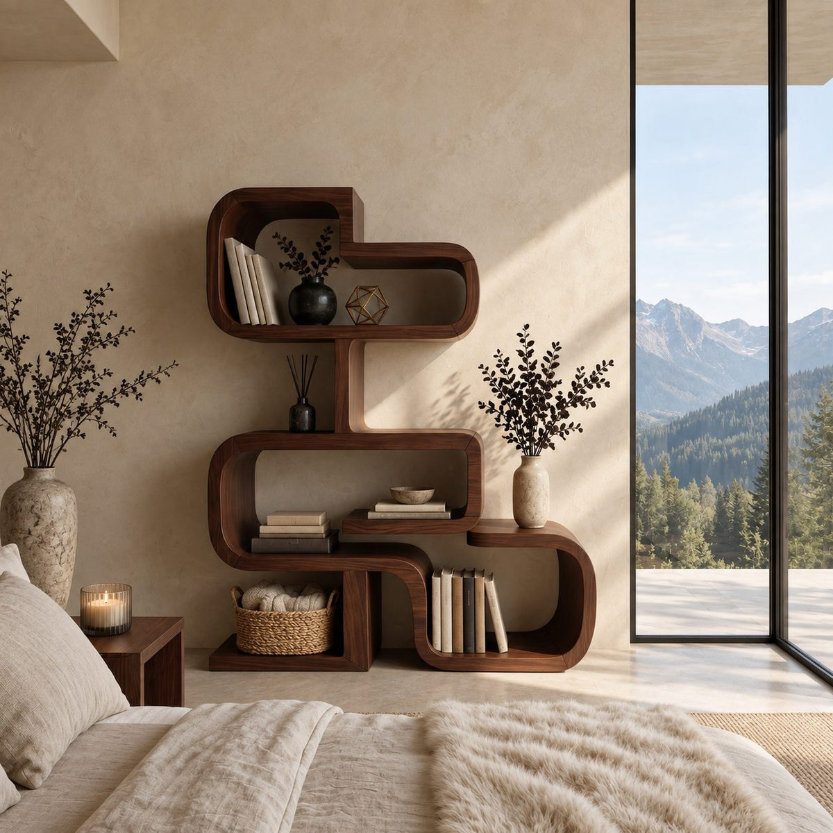 Zigzag Stacked Bookshelf with Rounded Bent Wood Frames, Sculptural Solid Wood Display Shelf
