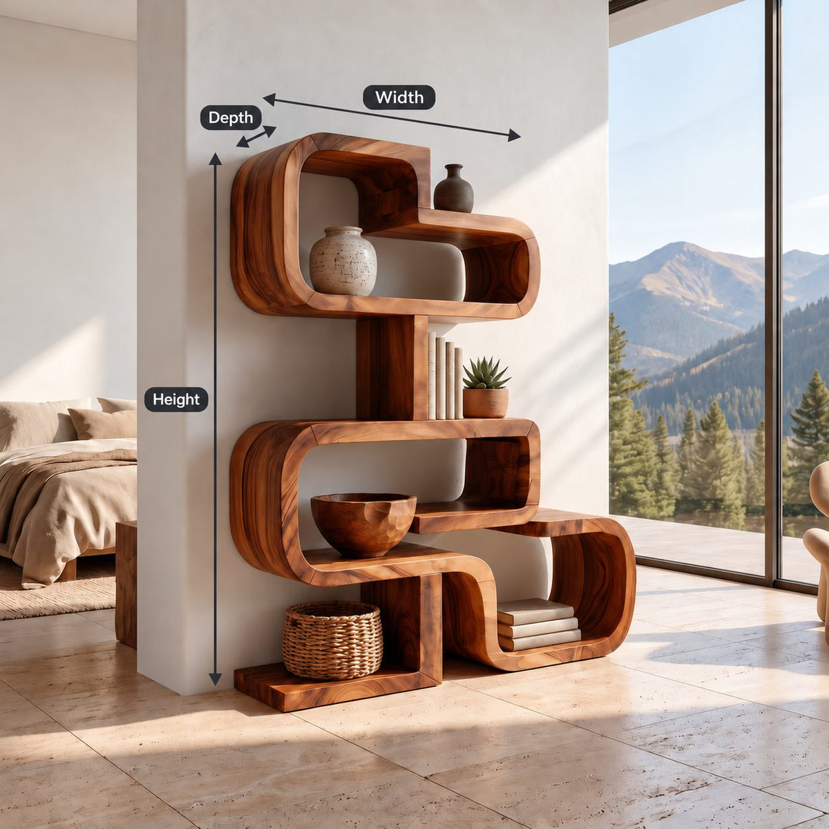 Zigzag Stacked Bookshelf with Rounded Bent Wood Frames, Sculptural Solid Wood Display Shelf