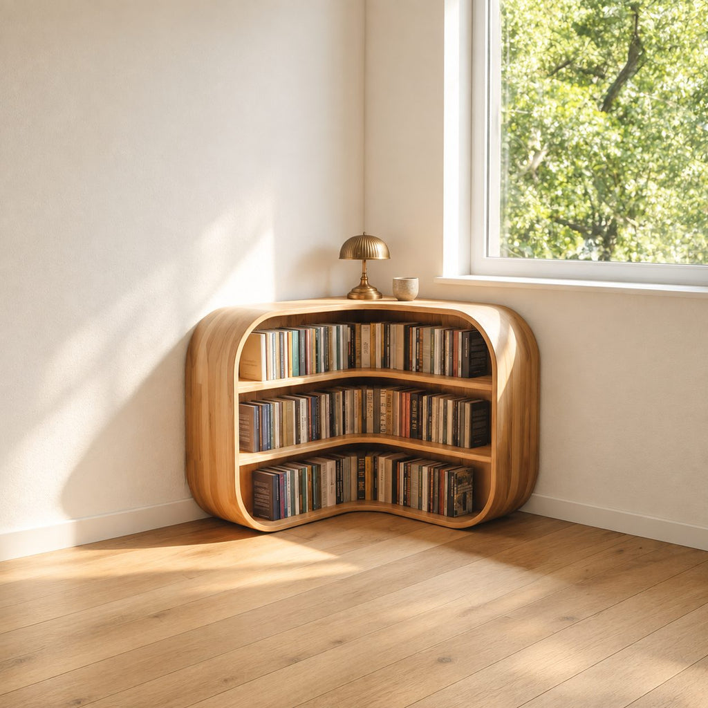 Corner Bookshelf with Rounded Bulging Ends, Low L Shaped Wooden Bookcase for Living Room or Study