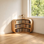Corner Bookshelf with Rounded Bulging Ends, Low L Shaped Wooden Bookcase for Living Room or Study