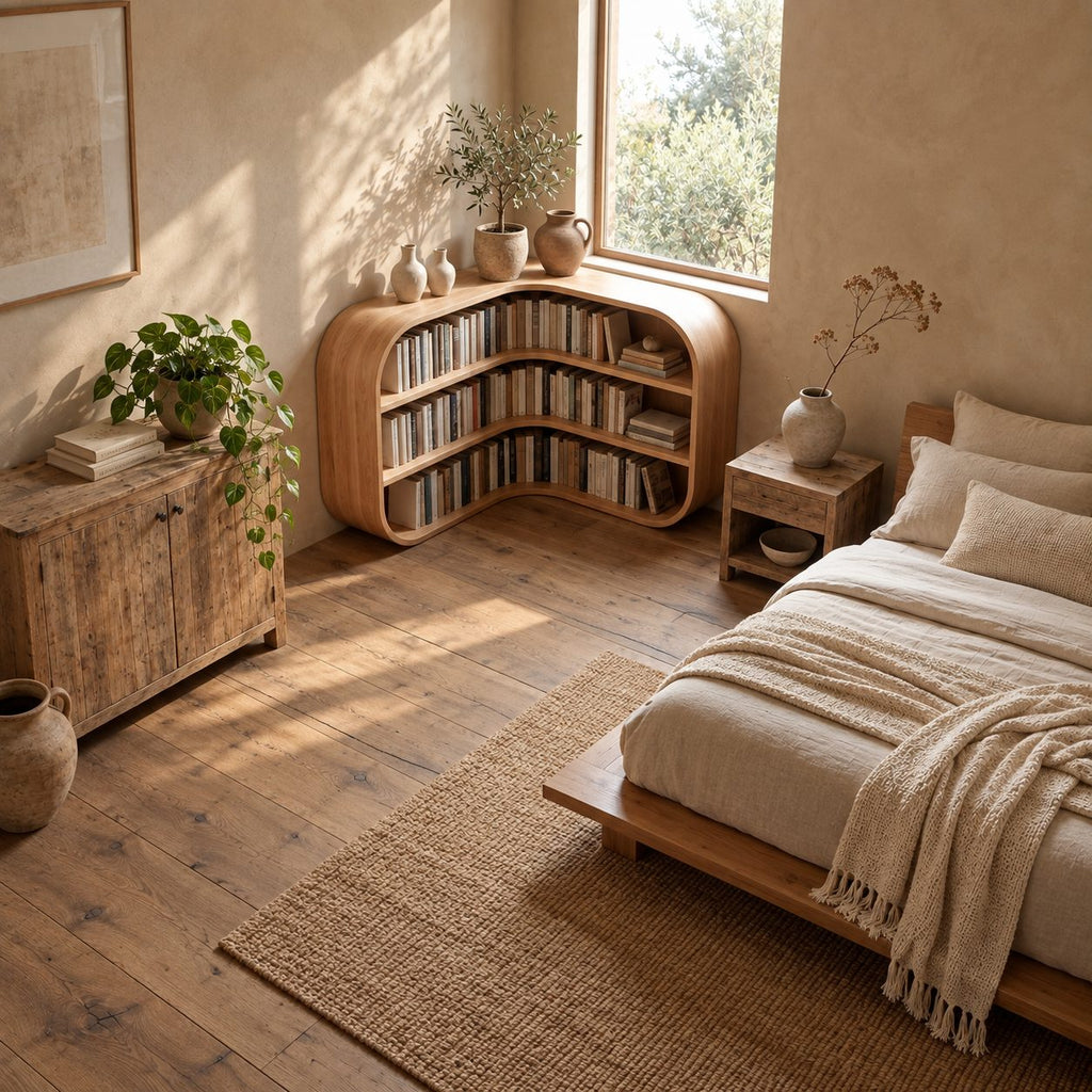 Corner Bookshelf with Rounded Bulging Ends, Low L Shaped Wooden Bookcase for Living Room or Study