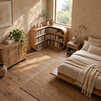 Corner Bookshelf with Rounded Bulging Ends, Low L Shaped Wooden Bookcase for Living Room or Study