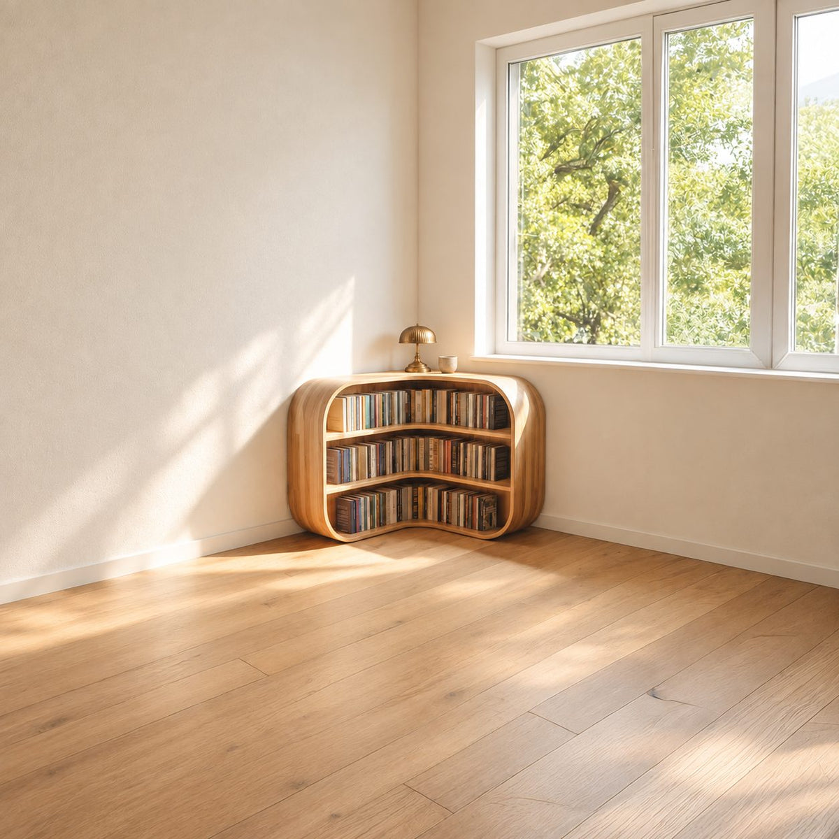 Corner Bookshelf with Rounded Bulging Ends, Low L Shaped Wooden Bookcase for Living Room or Study