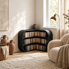Corner Bookshelf with Rounded Bulging Ends, Low L Shaped Wooden Bookcase for Living Room or Study