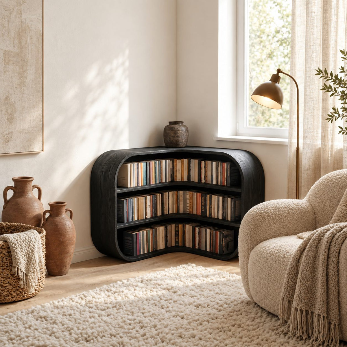 Corner Bookshelf with Rounded Bulging Ends, Low L Shaped Wooden Bookcase for Living Room or Study
