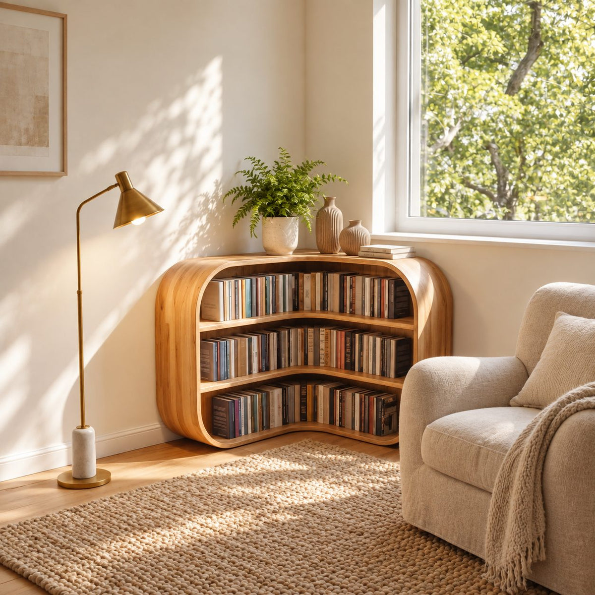 Corner Bookshelf with Rounded Bulging Ends, Low L Shaped Wooden Bookcase for Living Room or Study