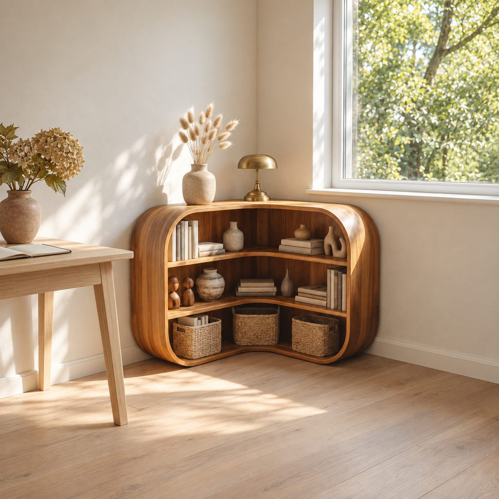 Corner Bookshelf with Rounded Bulging Ends, Low L Shaped Wooden Bookcase for Living Room or Study