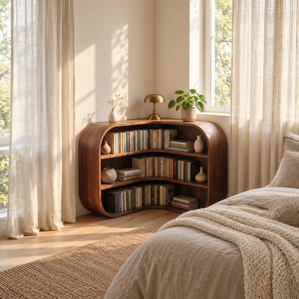 Corner Bookshelf with Rounded Bulging Ends, Low L Shaped Wooden Bookcase for Living Room or Study