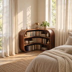 Corner Bookshelf with Rounded Bulging Ends, Low L Shaped Wooden Bookcase for Living Room or Study