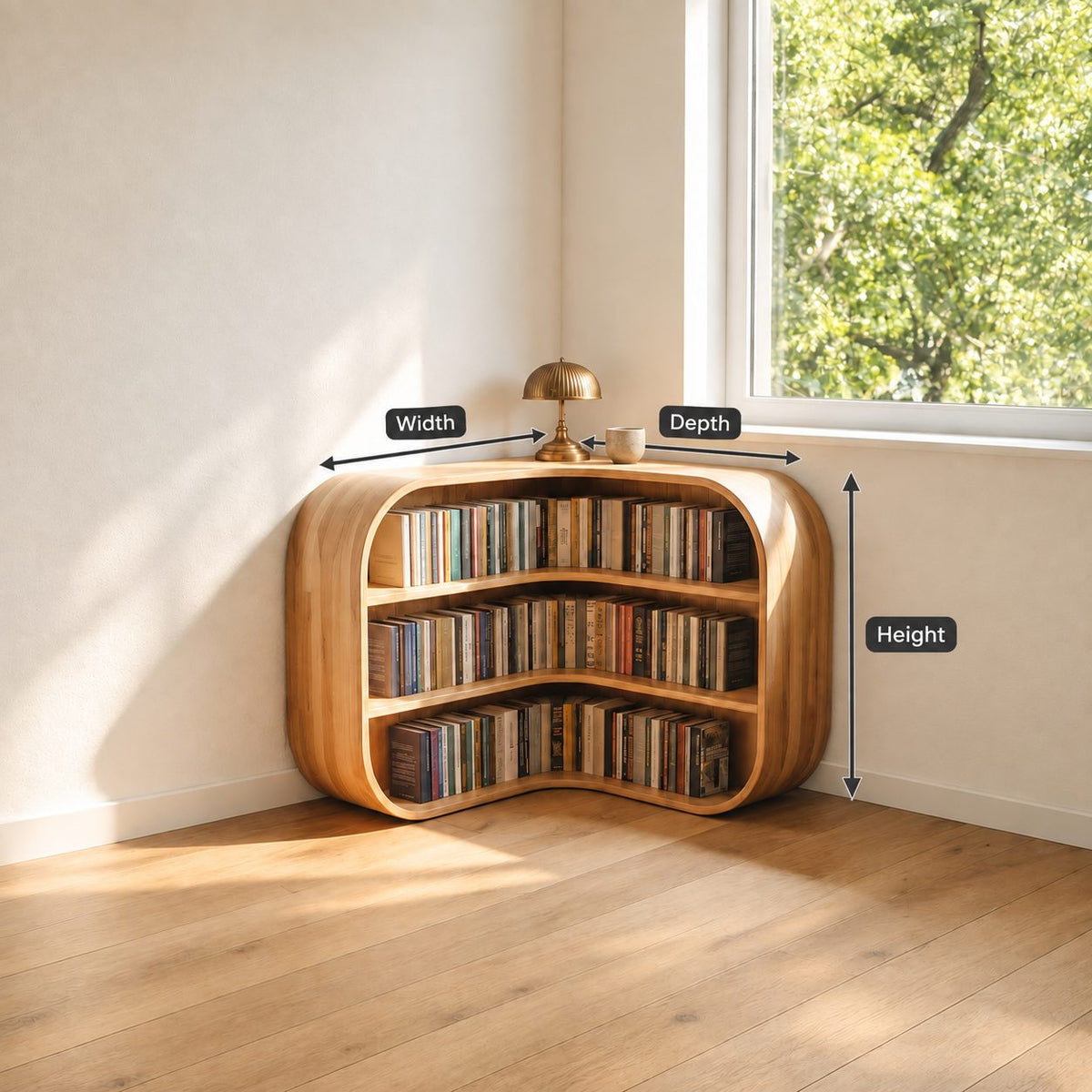 Corner Bookshelf with Rounded Bulging Ends, Low L Shaped Wooden Bookcase for Living Room or Study