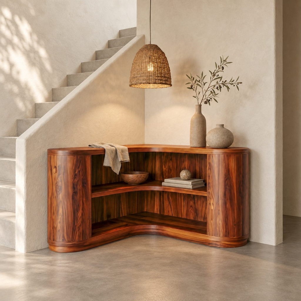 Corner Bookshelf with Thick Rounded End Columns, Low Curved Wooden Open Shelving for Stairway or Hall