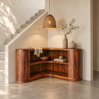 Corner Bookshelf with Thick Rounded End Columns, Low Curved Wooden Open Shelving for Stairway or Hall
