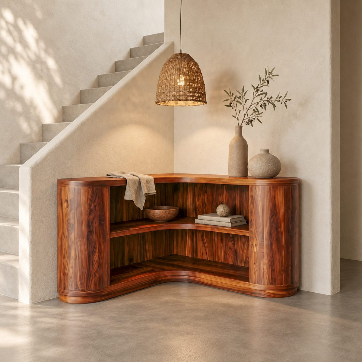 Corner Bookshelf with Thick Rounded End Columns, Low Curved Wooden Open Shelving for Stairway or Hall