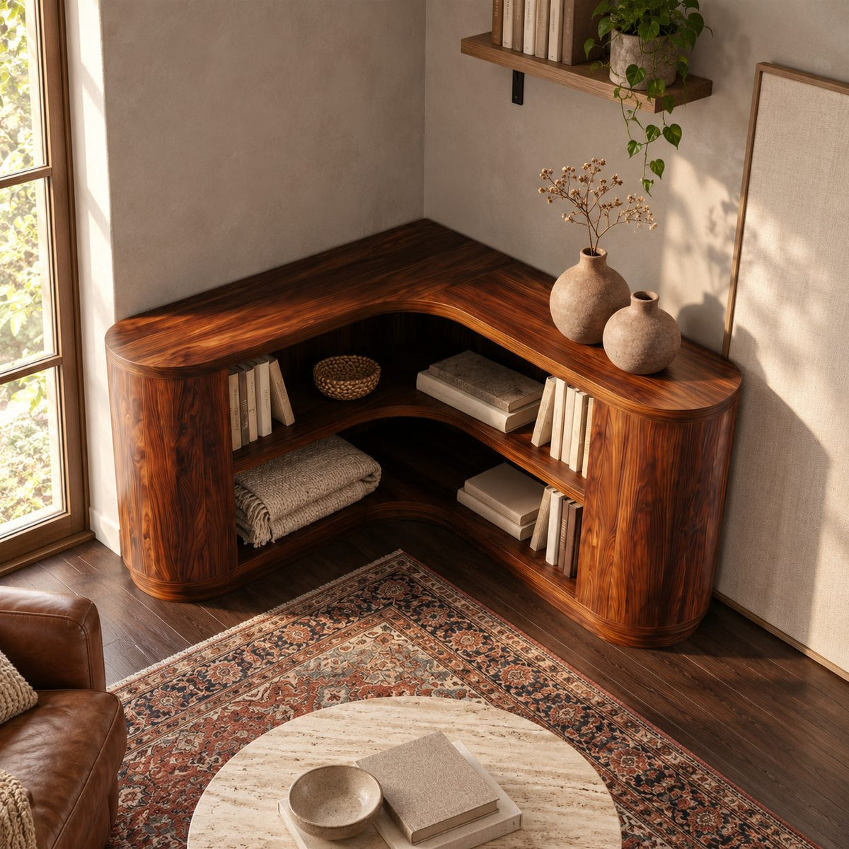 Corner Bookshelf with Thick Rounded End Columns, Low Curved Wooden Open Shelving for Stairway or Hall