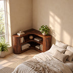 Corner Bookshelf with Thick Rounded End Columns, Low Curved Wooden Open Shelving for Stairway or Hall