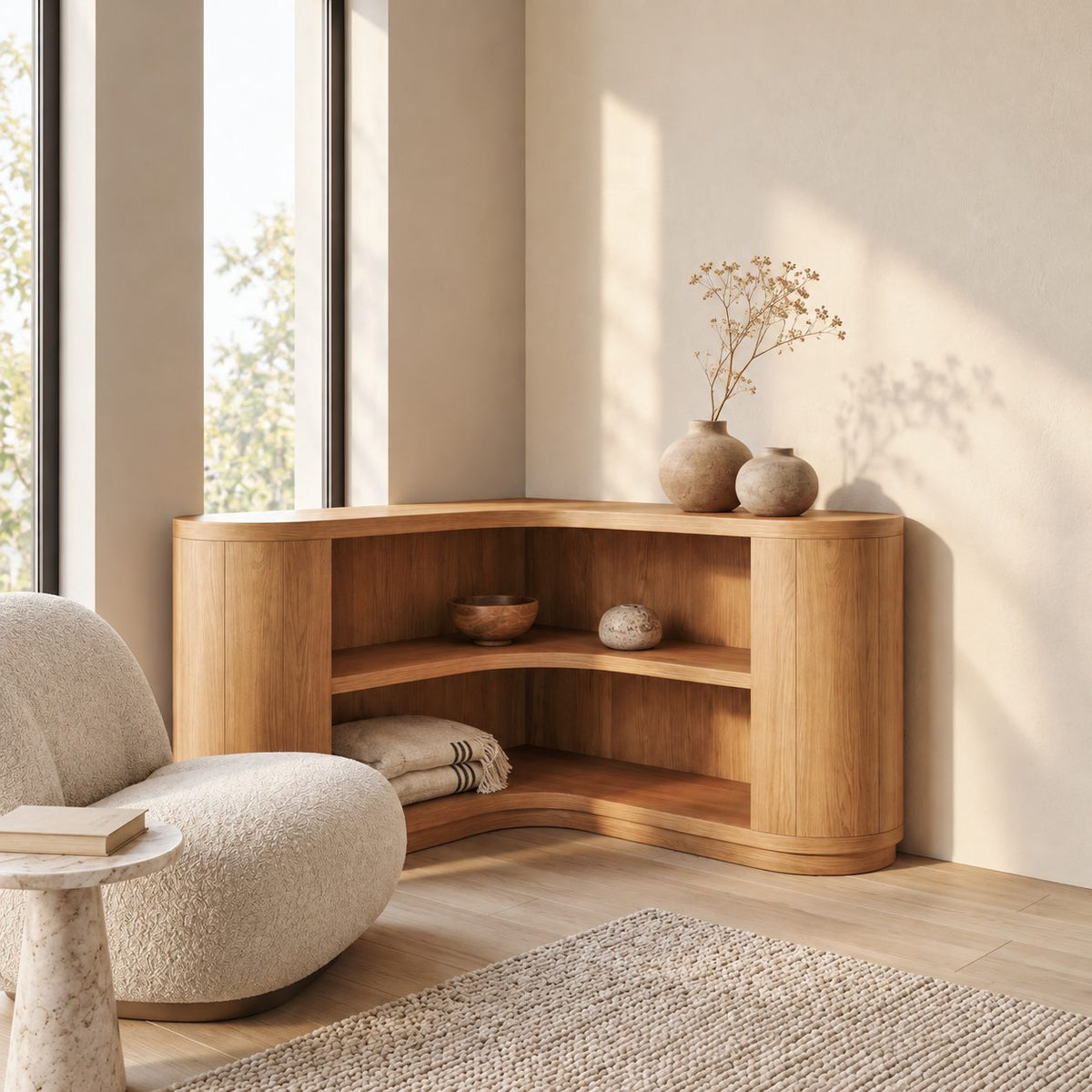 Corner Bookshelf with Thick Rounded End Columns, Low Curved Wooden Open Shelving for Stairway or Hall