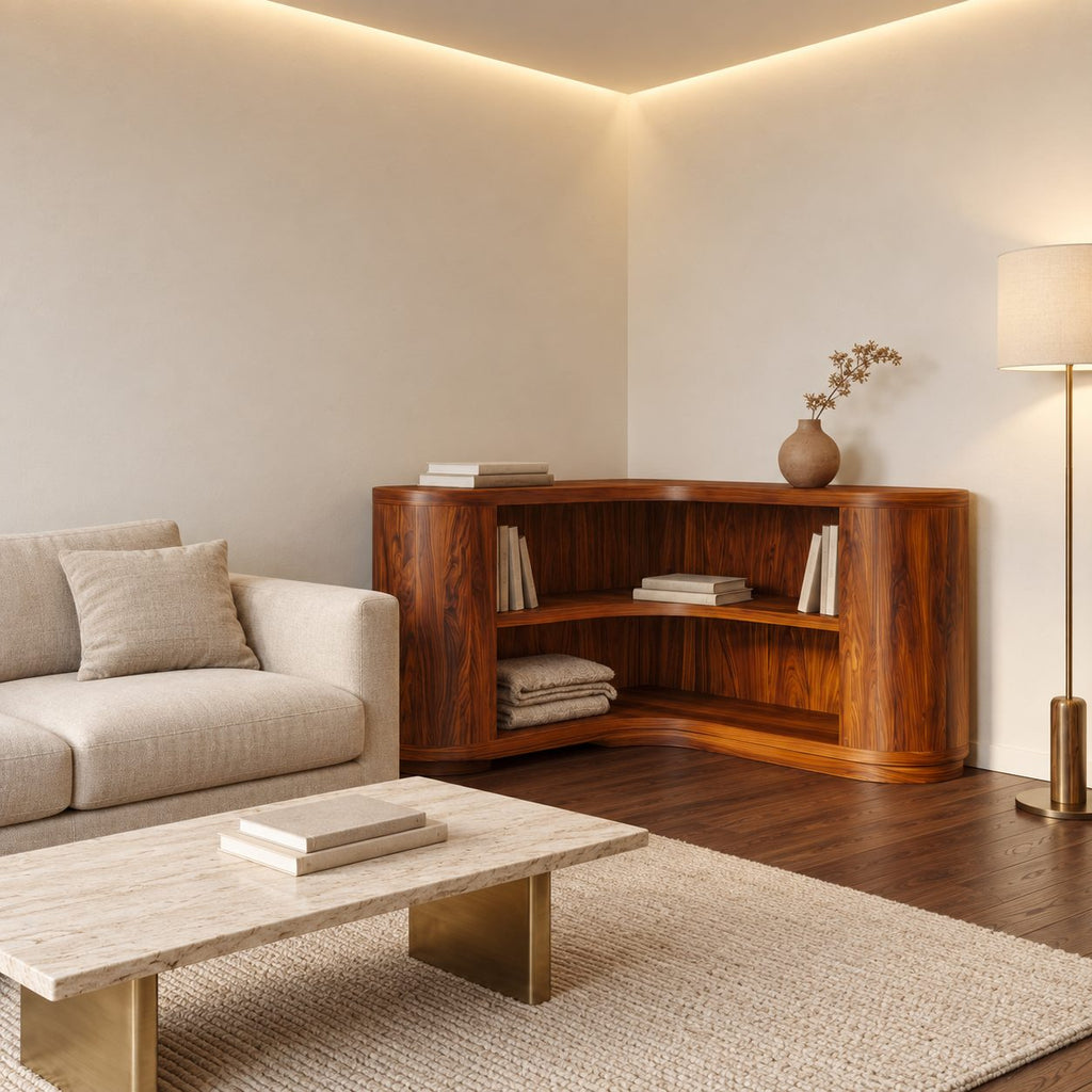 Corner Bookshelf with Thick Rounded End Columns, Low Curved Wooden Open Shelving for Stairway or Hall