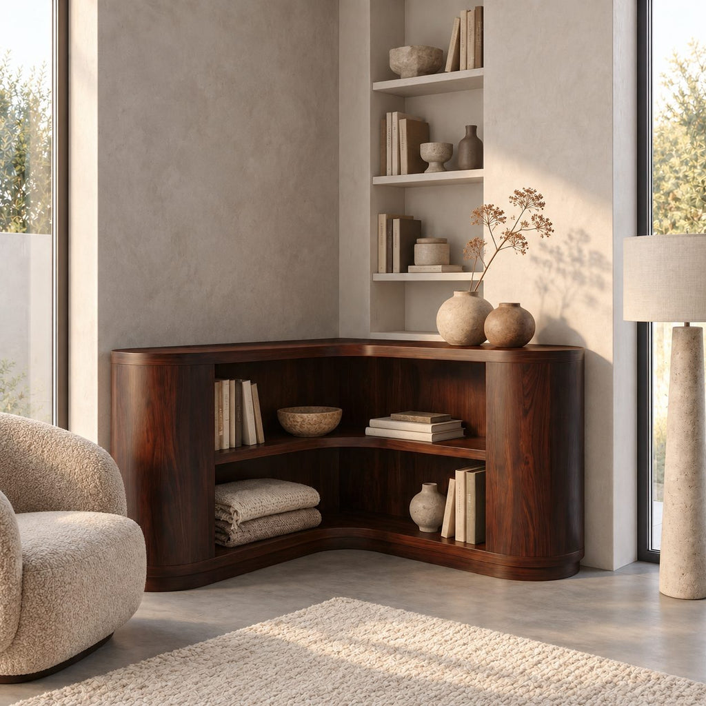 Corner Bookshelf with Thick Rounded End Columns, Low Curved Wooden Open Shelving for Stairway or Hall