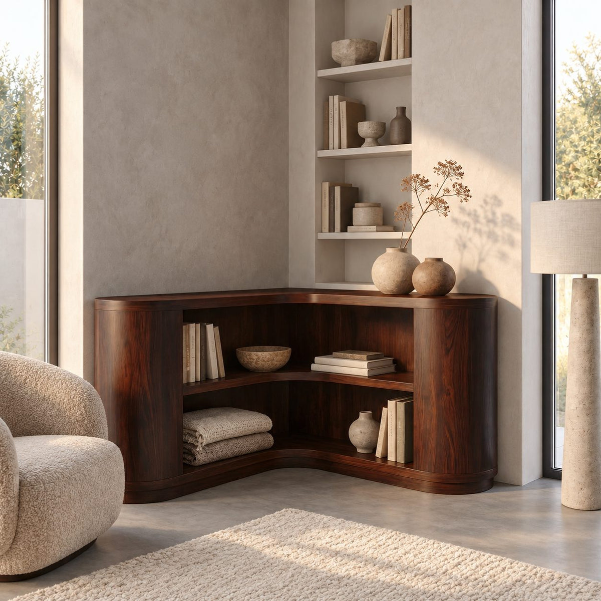 Corner Bookshelf with Thick Rounded End Columns, Low Curved Wooden Open Shelving for Stairway or Hall