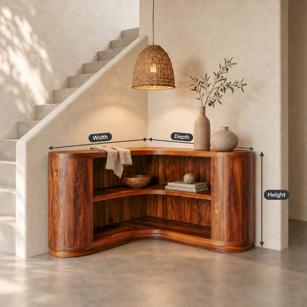 Corner Bookshelf with Thick Rounded End Columns, Low Curved Wooden Open Shelving for Stairway or Hall