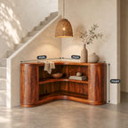 Corner Bookshelf with Thick Rounded End Columns, Low Curved Wooden Open Shelving for Stairway or Hall