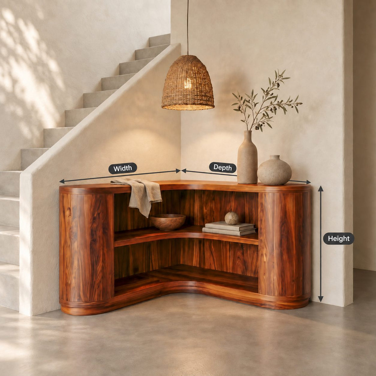 Corner Bookshelf with Thick Rounded End Columns, Low Curved Wooden Open Shelving for Stairway or Hall