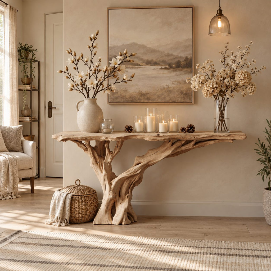 Driftwood Console Table with Single Trunk Branch Base, Narrow Live Edge Entryway Table