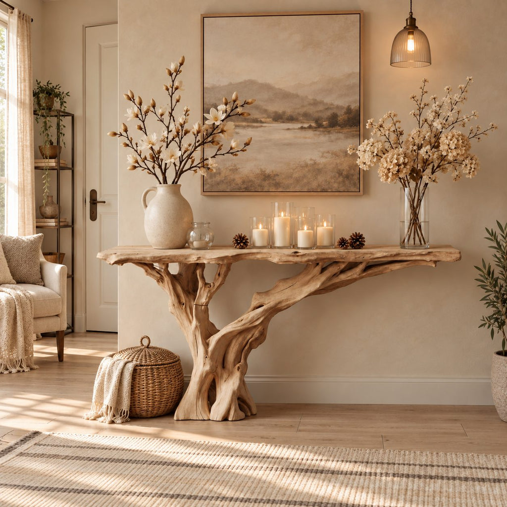 Driftwood Console Table with Single Trunk Branch Base, Narrow Live Edge Entryway Table