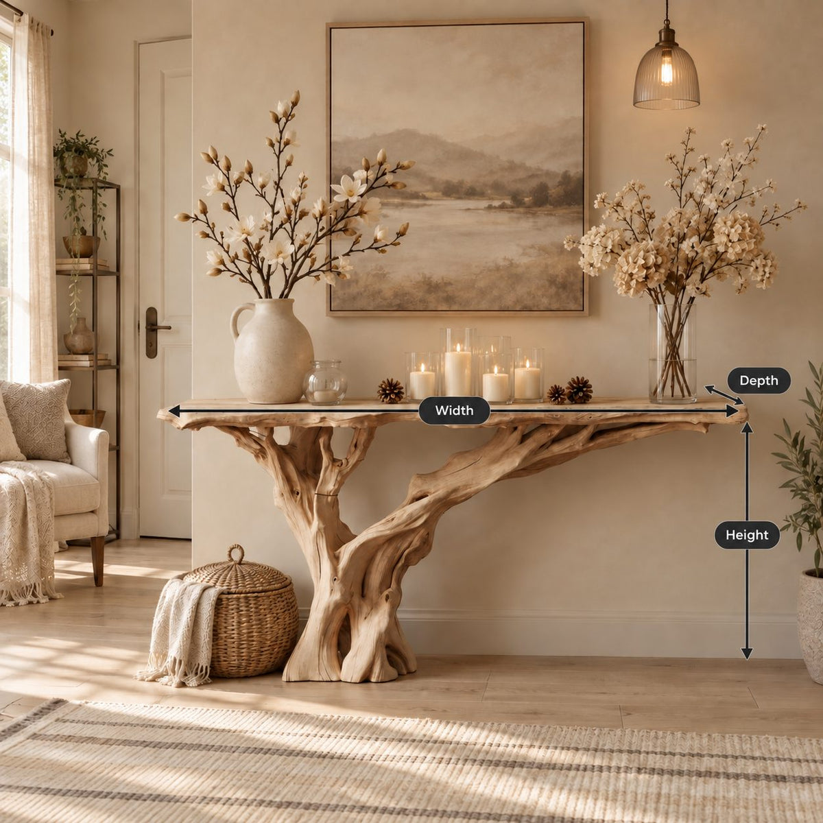 Driftwood Console Table with Single Trunk Branch Base, Narrow Live Edge Entryway Table
