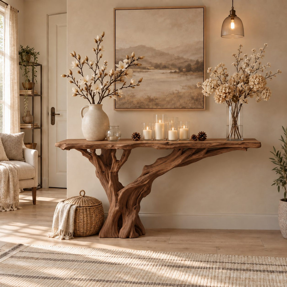 Driftwood Console Table with Single Trunk Branch Base, Narrow Live Edge Entryway Table