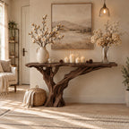 Driftwood Console Table with Single Trunk Branch Base, Narrow Live Edge Entryway Table