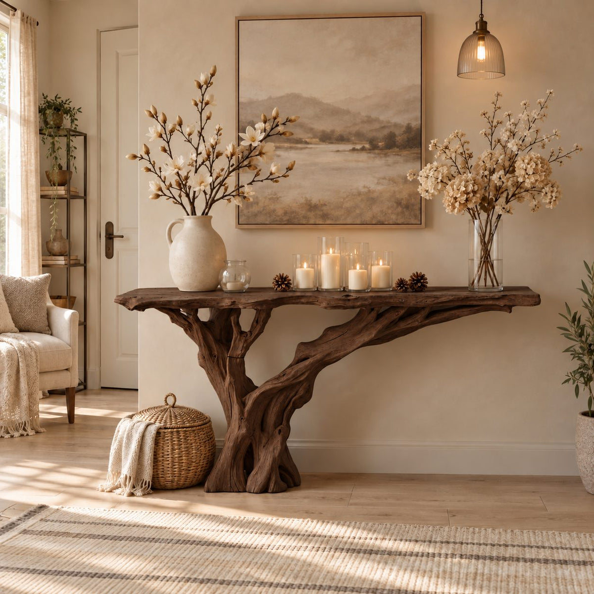 Driftwood Console Table with Single Trunk Branch Base, Narrow Live Edge Entryway Table