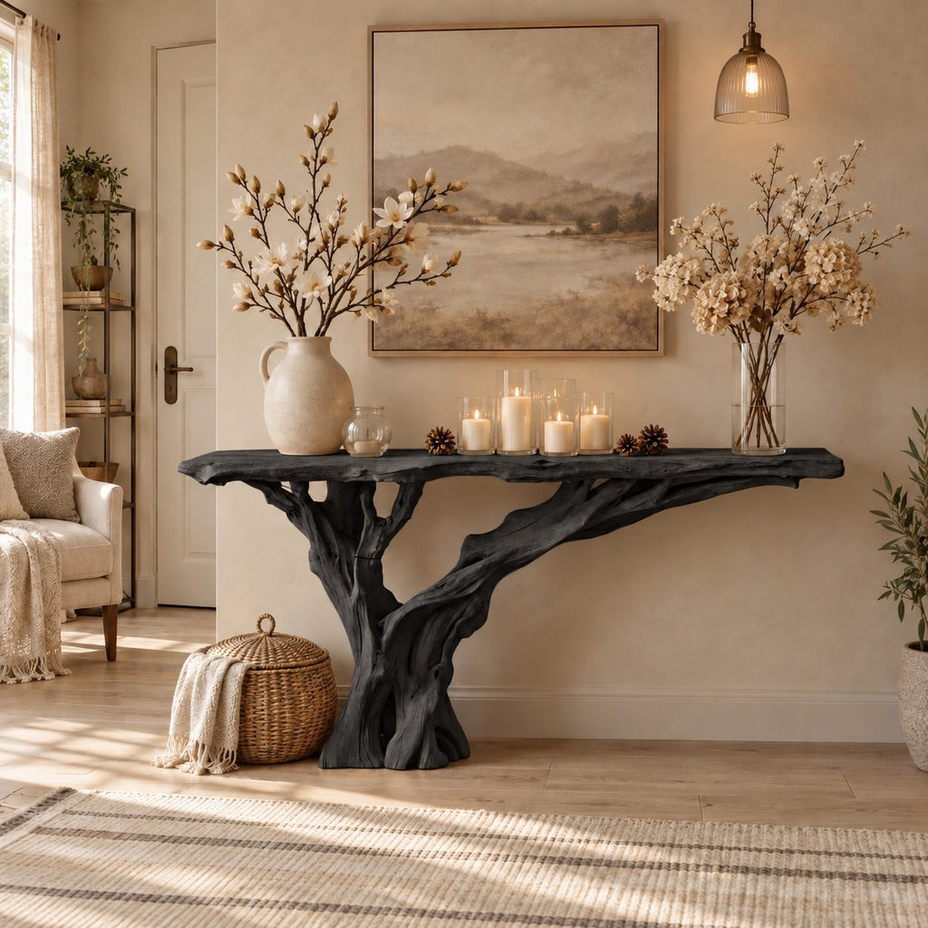 Driftwood Console Table with Single Trunk Branch Base, Narrow Live Edge Entryway Table