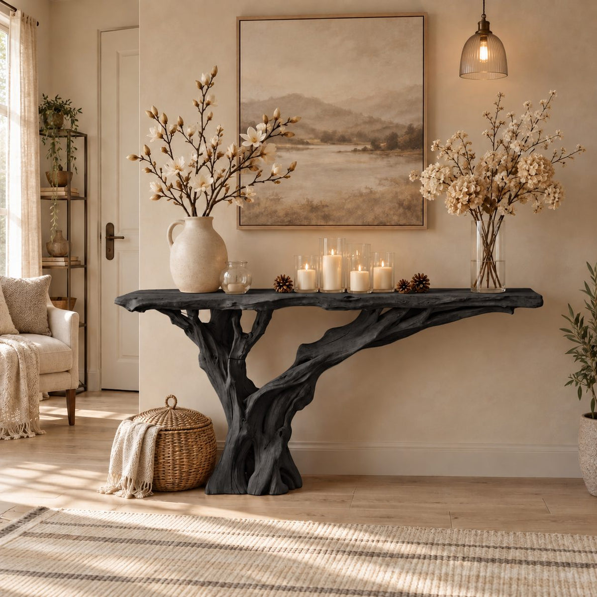 Driftwood Console Table with Single Trunk Branch Base, Narrow Live Edge Entryway Table