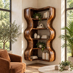 Corner Bookshelf with Thick Wavy Sides, Wall Mounted Sculptural Wooden Bookcase for Living Room
