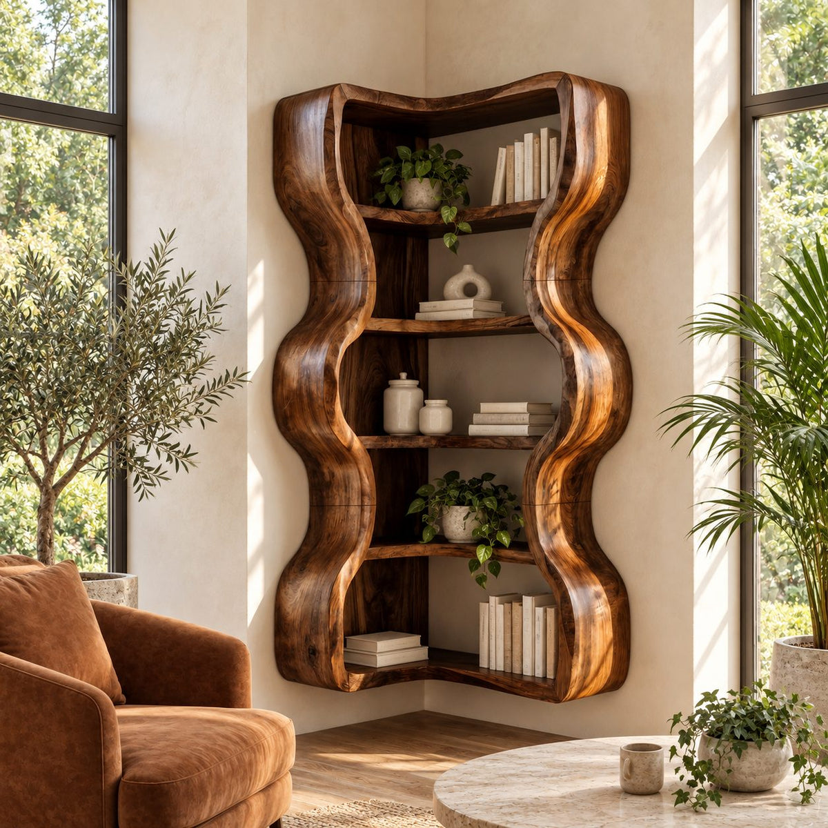 Corner Bookshelf with Thick Wavy Sides, Wall Mounted Sculptural Wooden Bookcase for Living Room