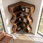 Corner Bookshelf with Thick Wavy Sides, Wall Mounted Sculptural Wooden Bookcase for Living Room