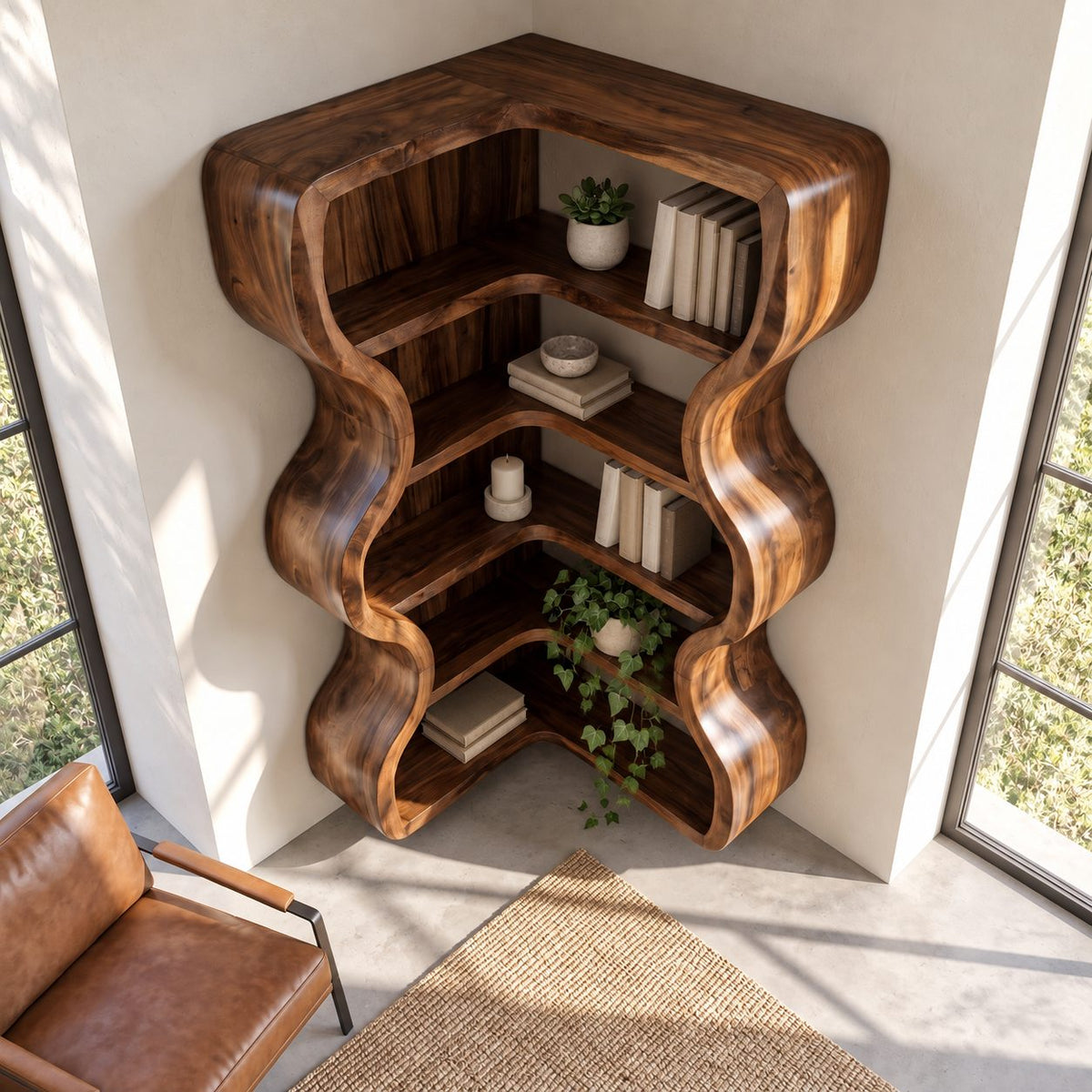 Corner Bookshelf with Thick Wavy Sides, Wall Mounted Sculptural Wooden Bookcase for Living Room