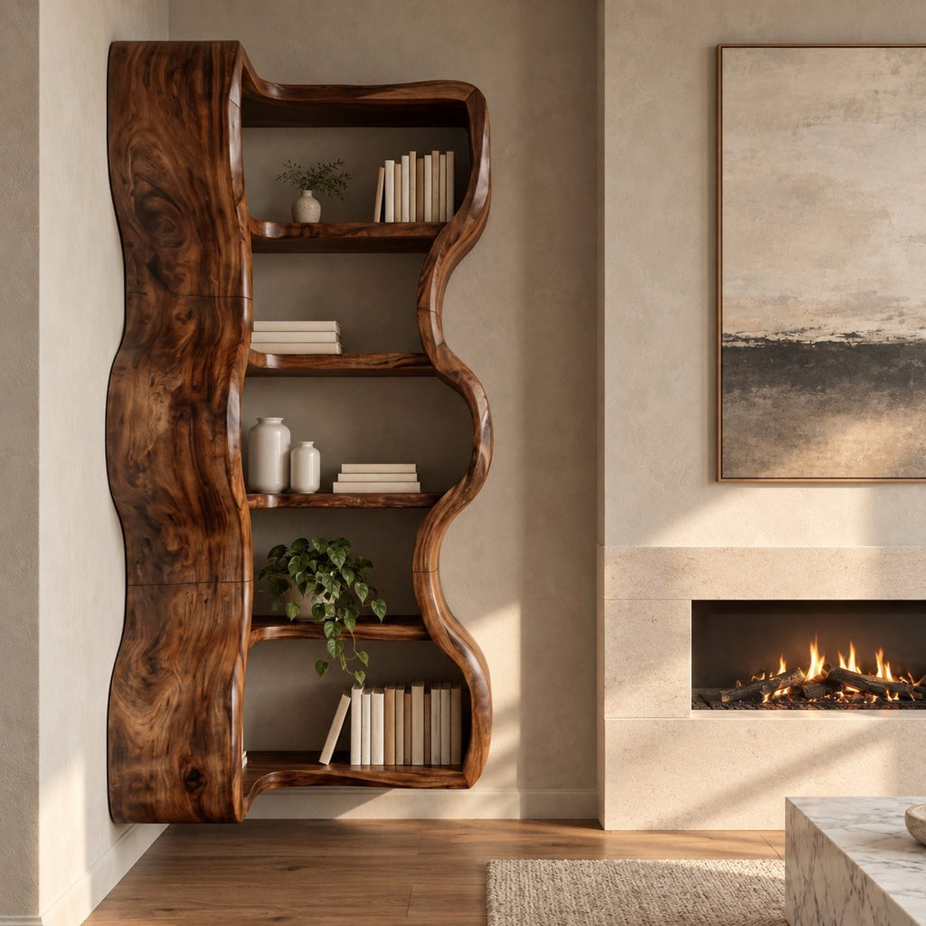 Corner Bookshelf with Thick Wavy Sides, Wall Mounted Sculptural Wooden Bookcase for Living Room