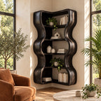 Corner Bookshelf with Thick Wavy Sides, Wall Mounted Sculptural Wooden Bookcase for Living Room