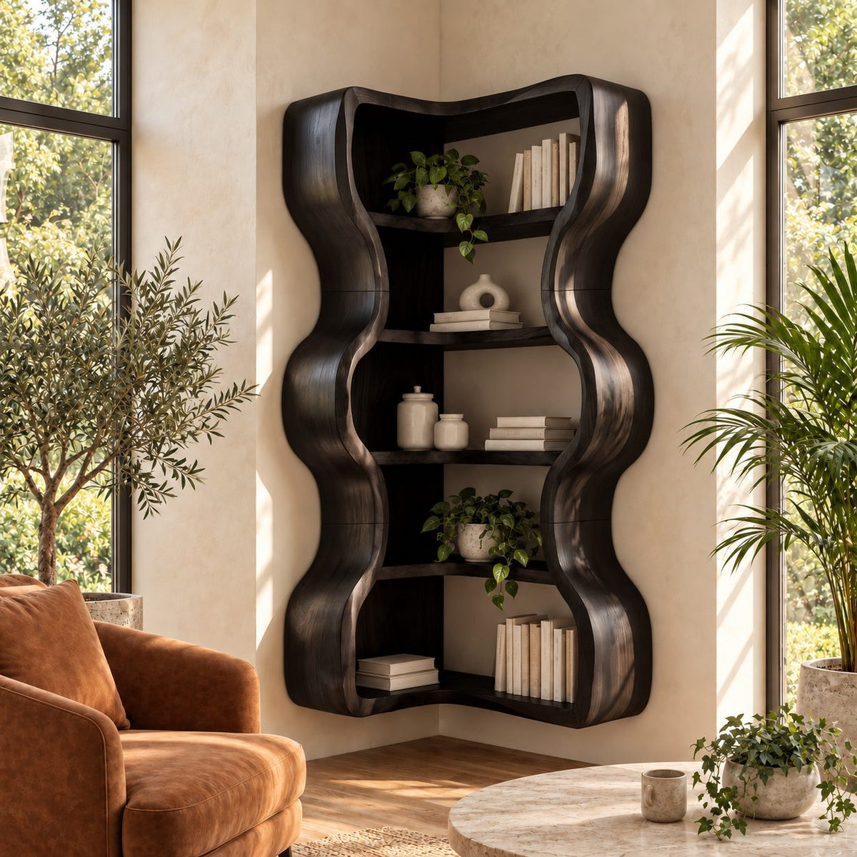 Corner Bookshelf with Thick Wavy Sides, Wall Mounted Sculptural Wooden Bookcase for Living Room