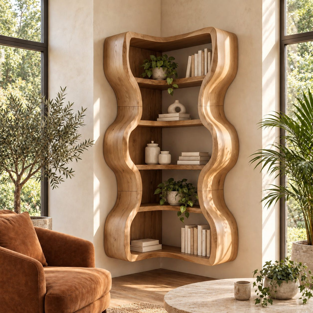 Corner Bookshelf with Thick Wavy Sides, Wall Mounted Sculptural Wooden Bookcase for Living Room