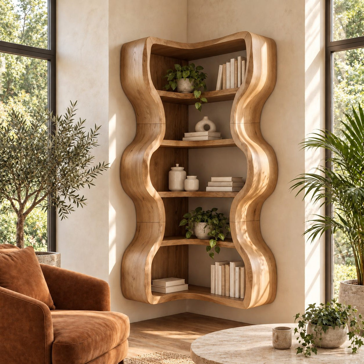 Corner Bookshelf with Thick Wavy Sides, Wall Mounted Sculptural Wooden Bookcase for Living Room
