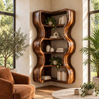 Corner Bookshelf with Thick Wavy Sides, Wall Mounted Sculptural Wooden Bookcase for Living Room