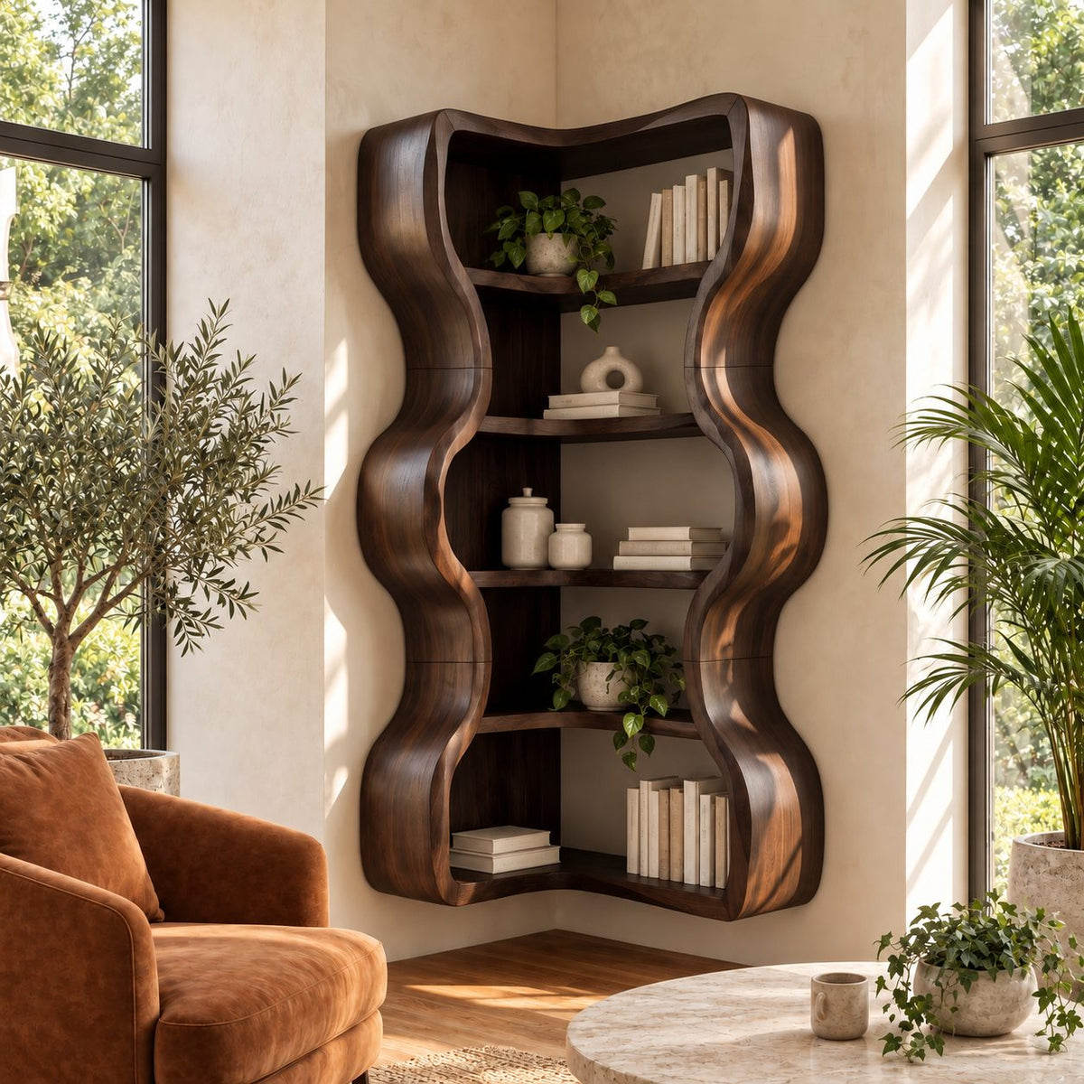 Corner Bookshelf with Thick Wavy Sides, Wall Mounted Sculptural Wooden Bookcase for Living Room
